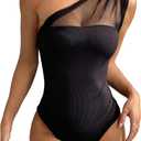 SOLY HUX Bodysuits for Women Mesh Sheer Ruched One Shoulder Sleeveless Summer Bodysuit Tops (Large, Solid Black)