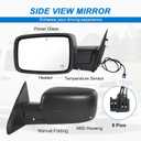 Left Driver Side Door Mirror Compatible with Ram 1500 2014-2018 (6Pins) | Compatible with Ram 1500 Classic 2019-2022 with Heated Power Glass Manual Folding Temp Sensor Black