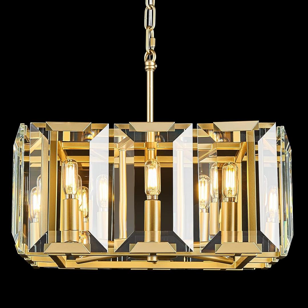 Gold Modern Crystal Chandeliers Rectangle Farmhouse Pendant Light Semi Flush Mount Ceiling Light Fixture for Bedroom Dining Room Kitchen Island Living Room Foyer Hallway(8-Light)