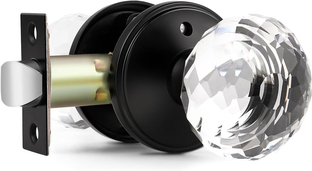 1 Pack Crystal Door Knobs Interior, Elegant Matte Black Glass Door Knobs, Keyless Privacy Door Locks for Bedrooms and Bathrooms