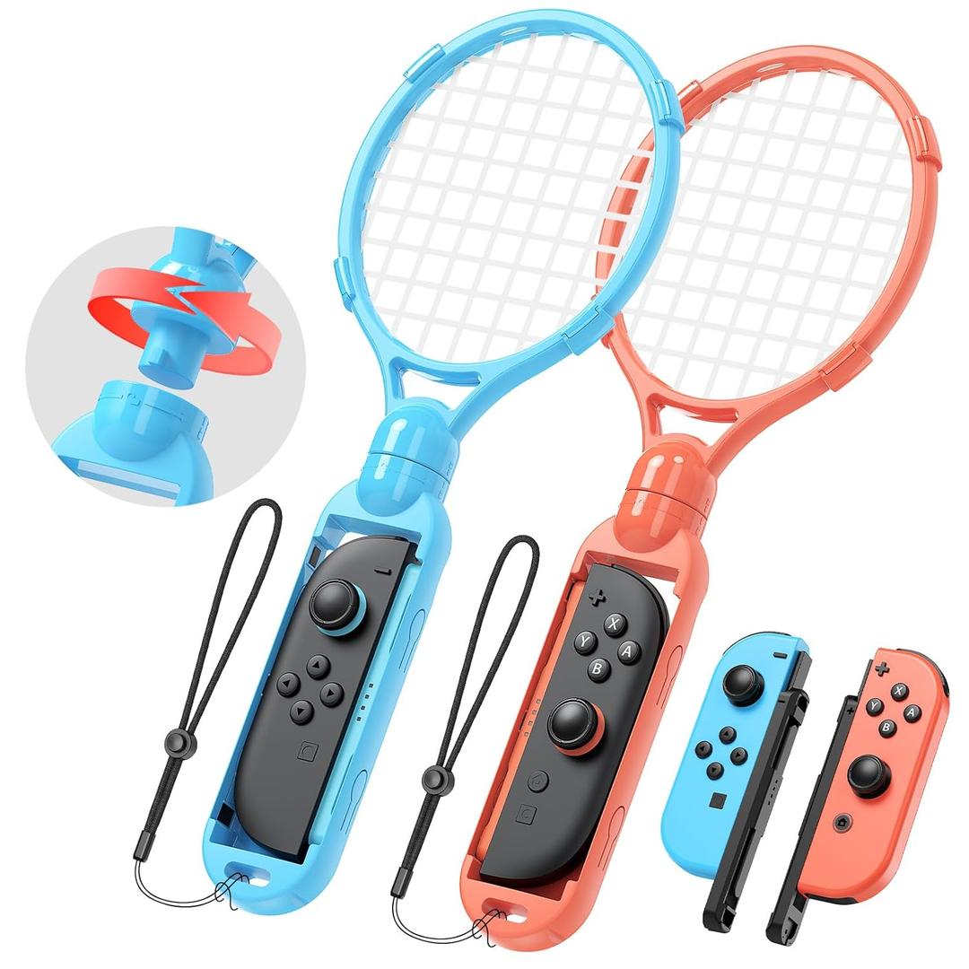 [ / ]Tennis Rackets for Nintendo Switch 2 Joy-Con(2025), MENEEA 2 Pack Game Accessories for Mario Tennis Aces,Handle Grip Holder for Switch 2/Switch 1 Controller Suport Other Tennis Game for NS2 (Blue/Orange)