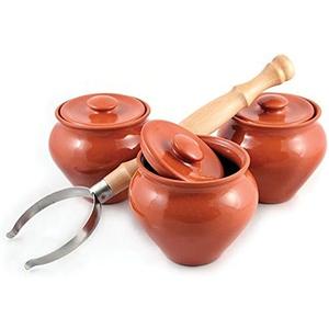 Stoneware Ramekins with Lids Set of 3 & 1 Oven Fork  16.9 fl oz (500 ml)  Clay Pots for Cooking