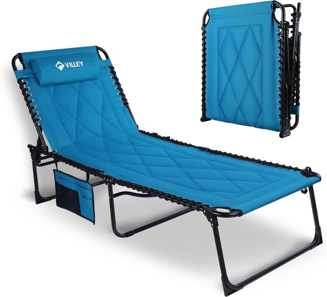 VILLEY Oversized Padded Chaise Lounge with Cushion, Foldable Camping Cot, Patio Reclining Lounge Chairs, Folding Sleeping Bed for Outdoor, Indoor, Backyard, Garden, Camping, Relaxing, Beach Tanning, Blue