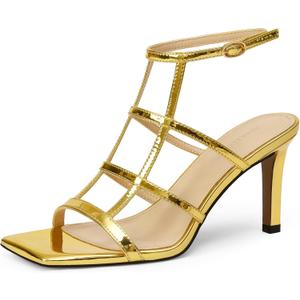 Womens Strappy Heels 3 inch Slingback Square Open Toe Stilettos Sandals, Patent Leather, Sexy Party Dress Shoes (10, Gold)