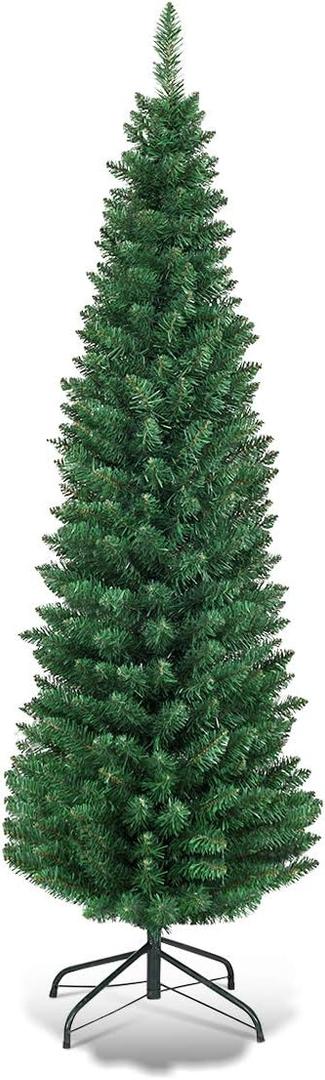 Goplus 6FT Pencil Christmas Tree, Artificial Slim Christmas Tree, 400 Branch Tips, Premium PVC Needles, with Sturdy Metal Stand, Unlit Xmas Tree for Home Office Shops Hotels (Green)