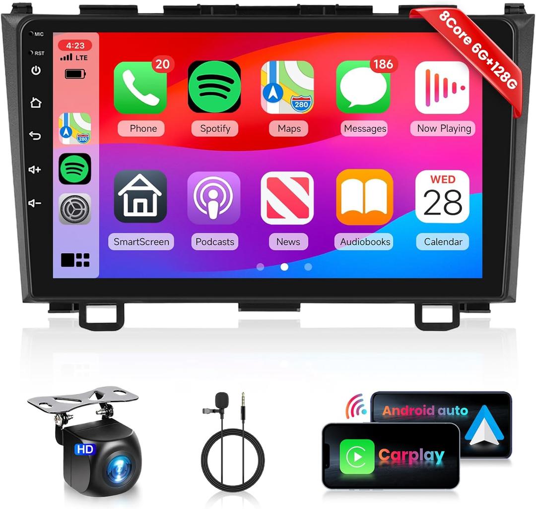 8Core 6G+128G Radio for Honda CRV 2007-2011Car Stereo with 9inch 1280X720P IPS Touchscreen Wireless CarPlay Android Auto 5.0Bluetooth GPS RDS/FM 46EQ DSP 59UIs MirrorLink 5GhzWiFi AHD Backup Camera