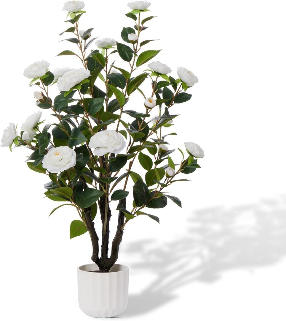 38'' Artificial Faux Camellia Tree Plants for Indoor Outdoor, Fake White Silk Camellia Tree Plants in Cement Pot for Home House Living Room Office Decor