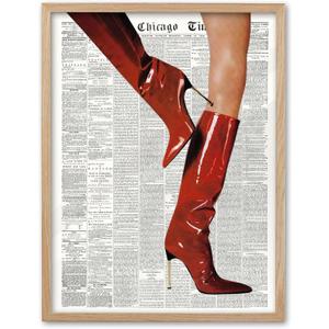 EcoHest Trendy Newspaper Red Boots Framed Wall Art, 12x16 in OAK Wood Fashion Icon Canvas Wall Art, Magazine Home Decor, Beige Logs Retro Set of 1 for Bedroom Living Room