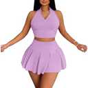 RoseSeek Women's 2 Piece Tennis Skirt Set Sleeveless Racerback Crop Tank Tops High Waisted Pleated Mini Skirt Outfits XL