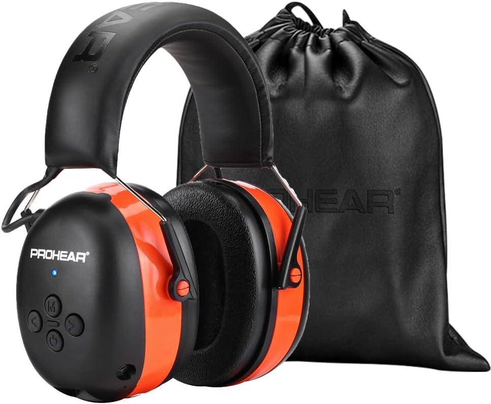 PROHEAR 037 Bluetooth 6.0 Hearing Protection Headphones with Rechargeable 1500mAh Battery, 30dB SNR Safety Noise Reduction Ear Muffs with 120H Playtime for Mowing, Workshops, Snowblowing - Orange