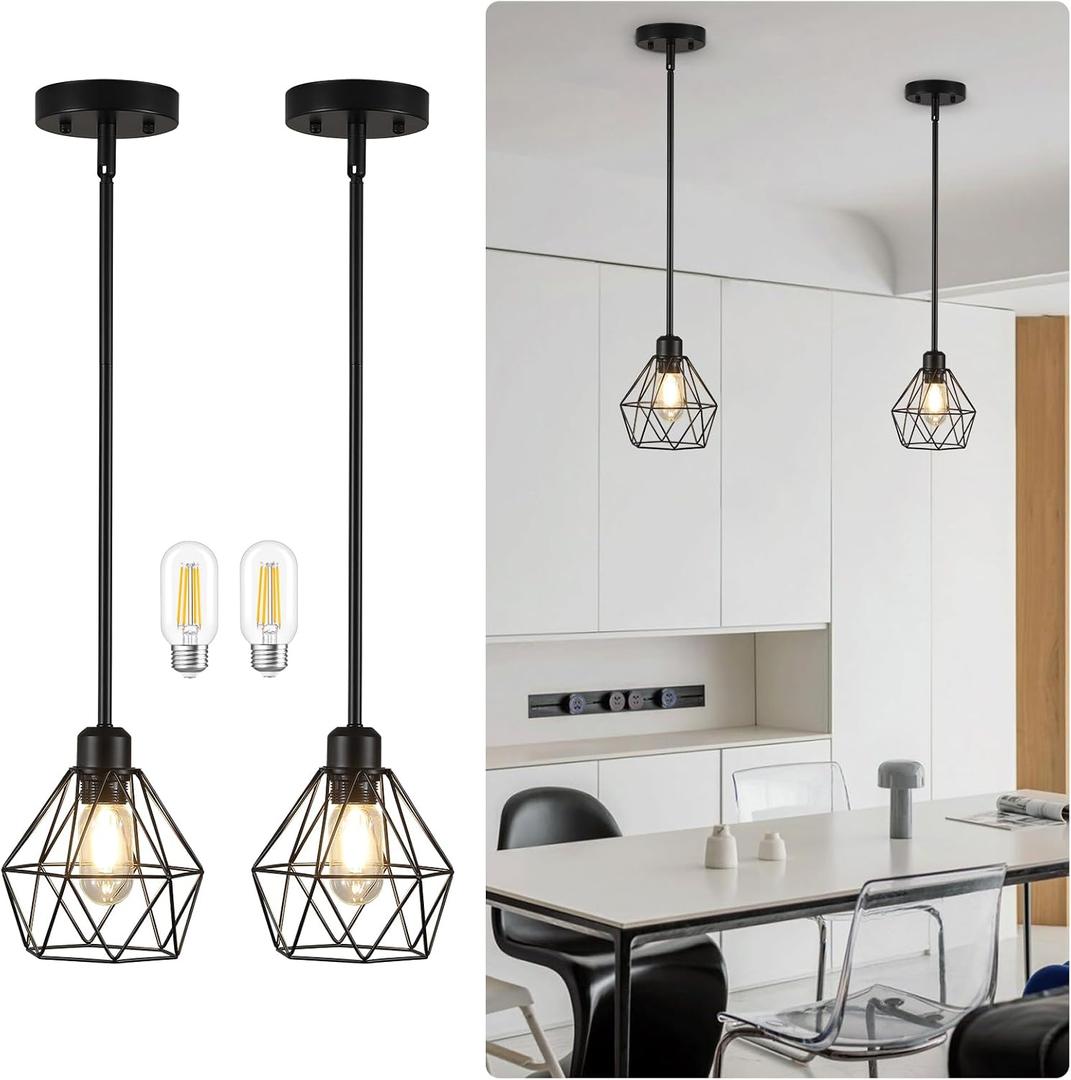 QHANTOMIZE 2 Pack Black Pendant Lights Kitchen Island, Modern Farmhouse Hanging Light Fixture with Metal Cage Shade, Industrial Pendant Light for Kitchen Dining Area Entryway, Adjustable Height