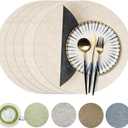 Round Faux Leather Placemats Set of 6, Waterproof Anti-Slip Dual Sided Placemats, Heat Resistant Washable Table Mats with Coaster, Suitable for Indoor & Outdoor (6, Black Beige)