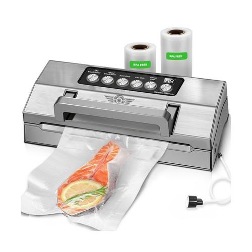 Precision Food Vacuum Sealer Machine, POWOT Fully Automatic Vacuum Sealing System, Commercial Food Vacuum Saver Pro, Double Heat Seal, EasyLock Handle, Builtin Cutter&Bag Storage, Hose&Bag Rolls