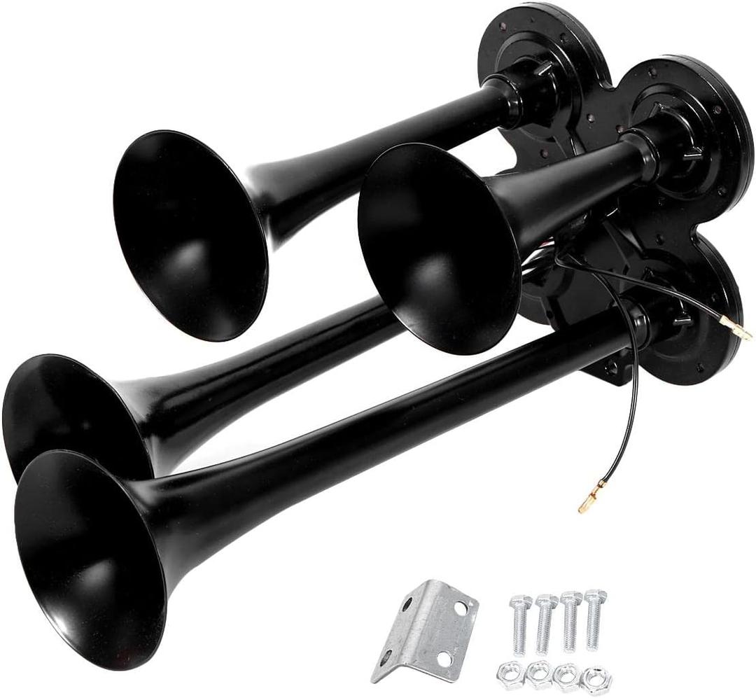 AUXMART 4 Trumpet Air Horn Universal 12V/24V 150db 4-trumpet Air Train Horn Powerful Loud Vehicle Modified Air Horns for Police Car Vehicle Truck Motorcycle Lorry Boat SUV Train
