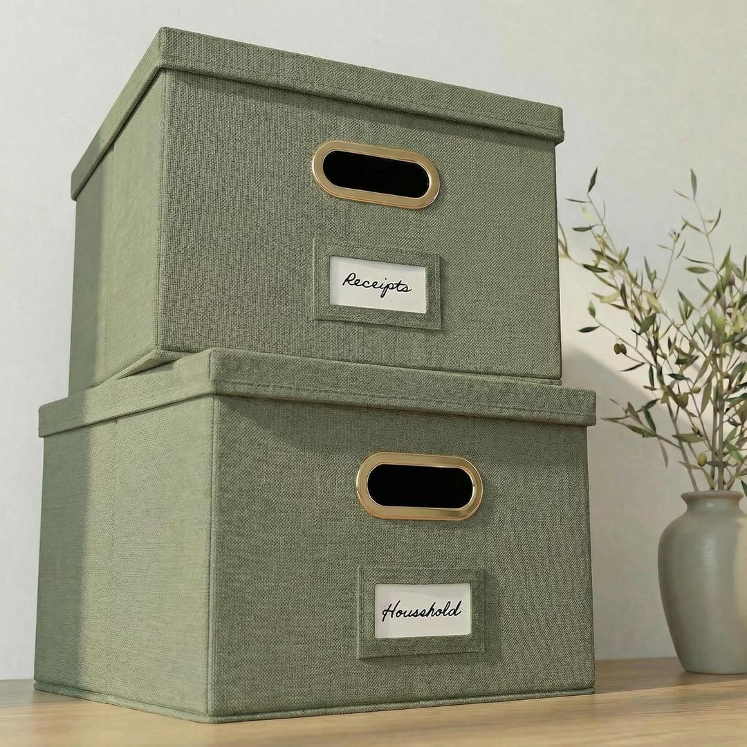 ZICOTO Decorative File Organizer Box Set of 2 - Collapsible Linen Filing Cabinets w/Handles Are Perfect to Store all Your Documents & Hanging File Folders - Portable Easy Slide Crates with Lid