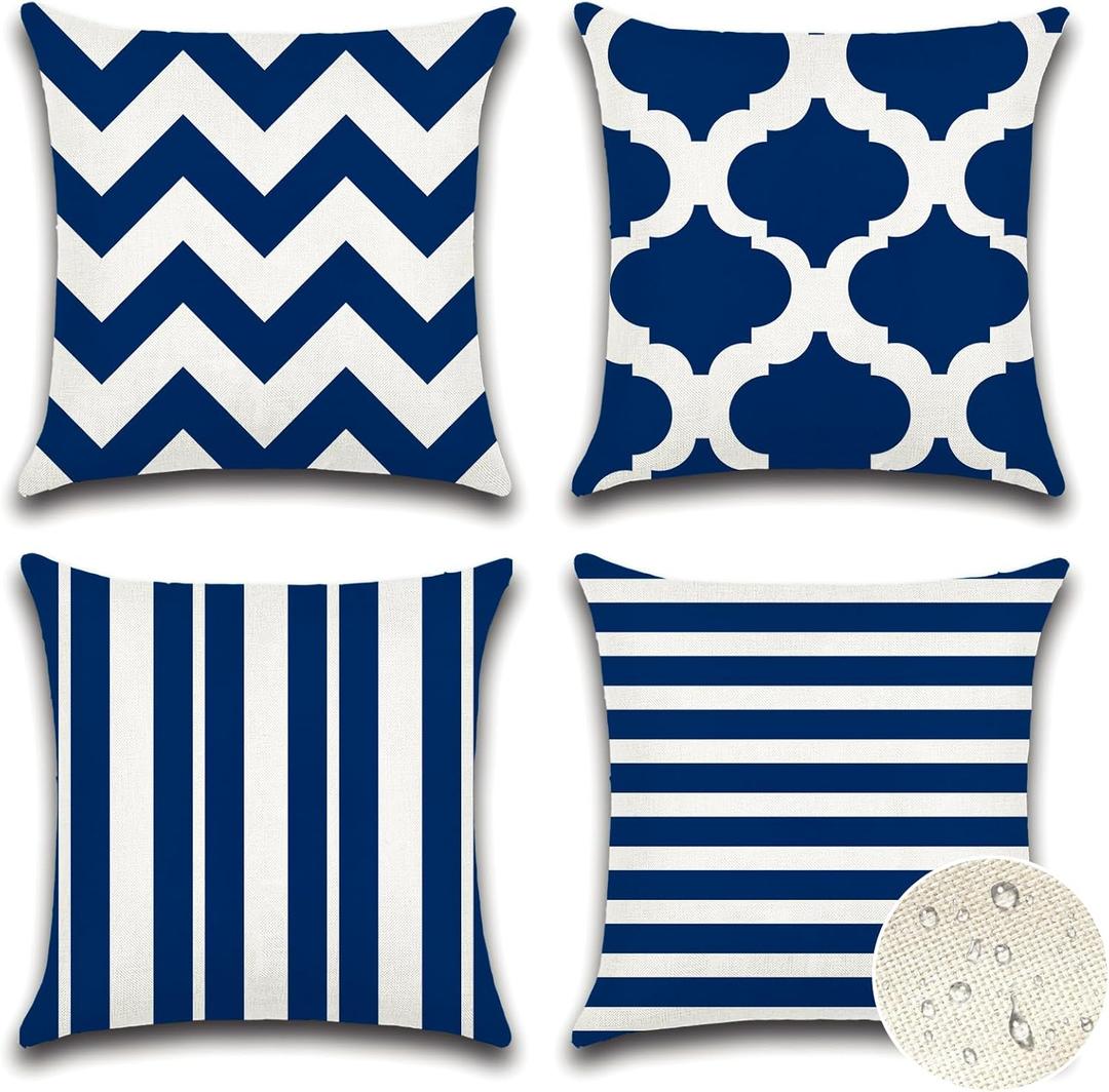 OTOSTAR Set of 4 Waterproof Throw Pillow Covers 20x20 Inch Farmhouse Geometric Square Pillow Cases for Couch Patio Furniture Balcony Garden Outdoor Decoration Geometry 70-Navy Blue