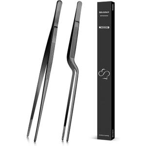 SouxMux 12-inch Cooking Tweezer and Offset Tweezer Set, Tongs with Serrated Tips, Stainless Steel, Black, 2pcs