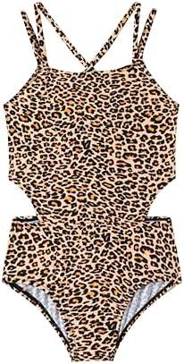 LIZENS Girls' One Piece Leopard Swimwear Cut Out Spaghetti Straps Swimsuit Floral Beach Bathing Suit for Girls Toddler Kids, (BLII, 7-8T)