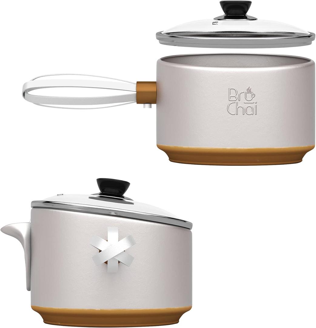 BruChai Brewer - Classic Chai Brewing Pot with Built-In Mesh Strainer - No-Mess Brewing Vessel with Non-Stick Coating - Patented Handy Brew & Pour Steel Teapot with Burn-Proof Handle