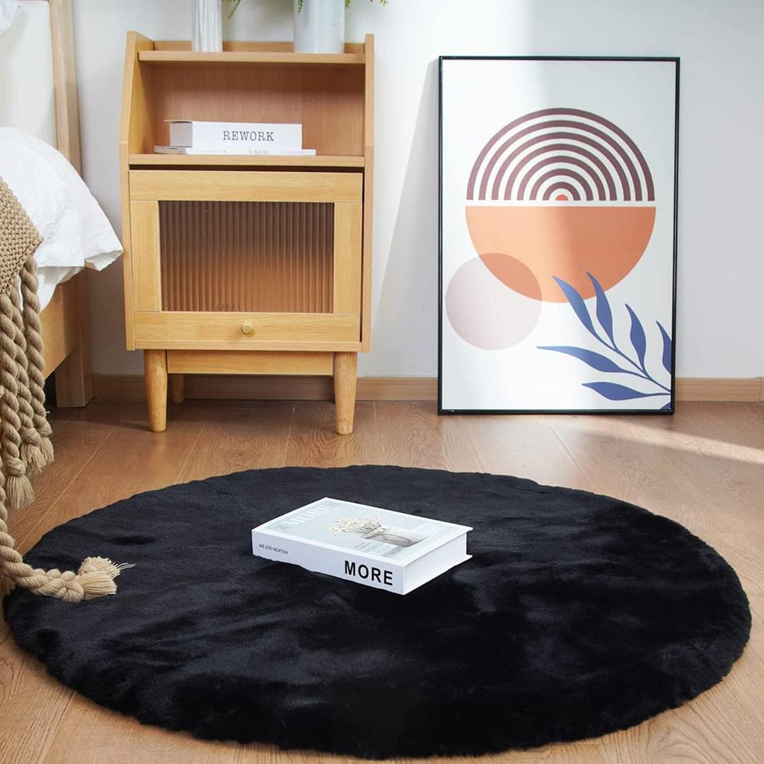 Ghouse Faux Rabbit Fur Round Rug 3ft Black Round Rugs for Bedroom Decor Fluffy Area Rugs for Living Room, no-Shedding Carpet Sheepskin Washable Rug Rome Decor
