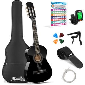 Moukey 30" Acoustic Guitar for Beginners Kids Youth 1/4 Size Dreadnought Guitarra Acustica Kit with Chord Poster, Gig Bag, Tuner, Picks, Nylon Strings, Capo, Strap - Black