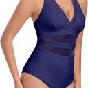 RELLECIGA Womens Mesh One Piece Swimsuit V Neck Tummy Control Bathing Suit Slimming Swimwear (Blue, L)
