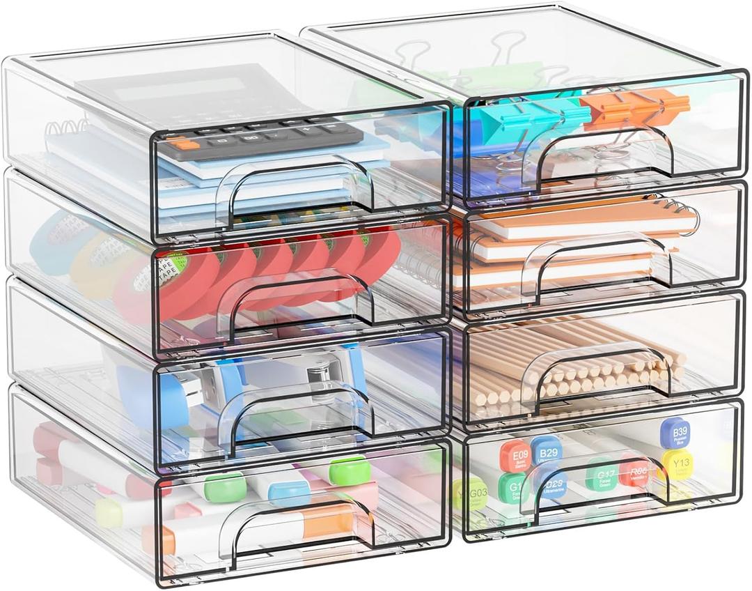 Yieach 2.2'' Tall Acrylic Clear Stackable Storage Drawer Organizer,8 Pack Desk Organization and Storage,Plastic Office Supply Organizer,Drawer Storage Organizer for Makeup, Accessory, Pen, Art Crafts