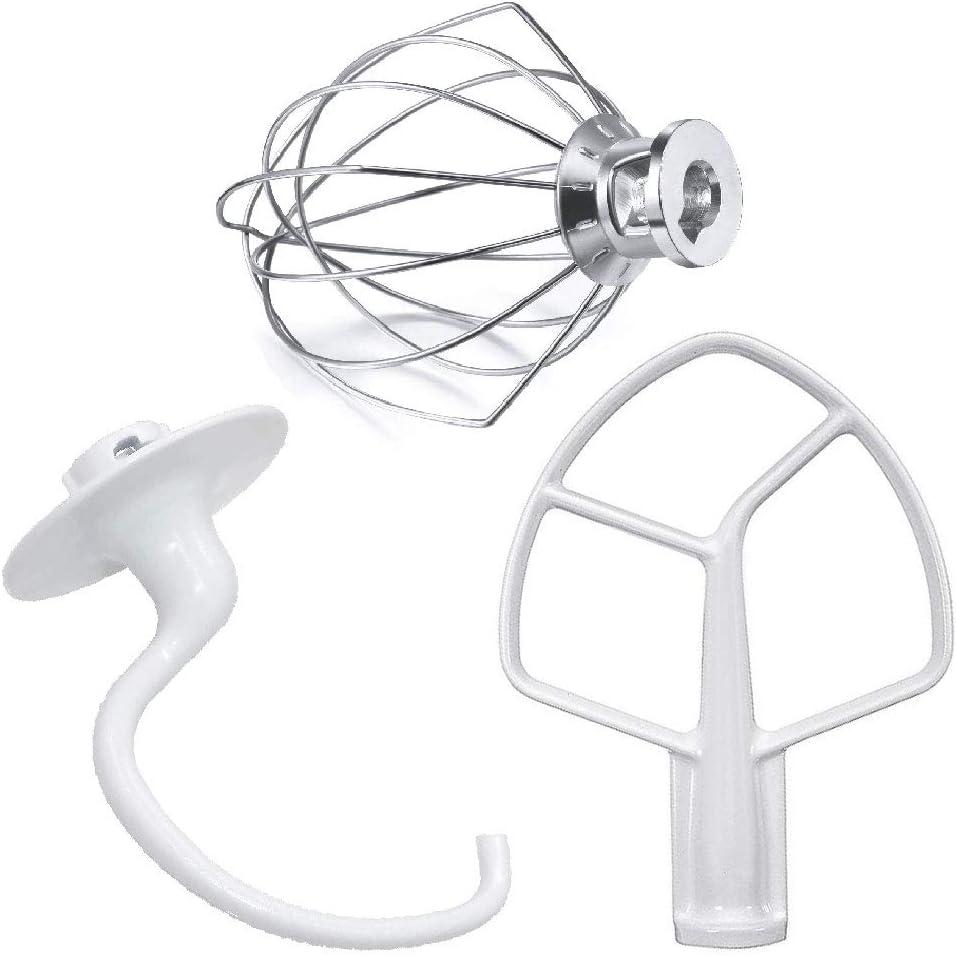Kitchen Mixers Accessories 3-Piece Including K5AB Coated Flat Beater&K5ADH Dough Hook for Kitchen Stand Mixer&K5AWW Wire Whip for k-i-t-c-h-e-n-a-i-d k5a Tilt-Head Stand Mixer Attachments MIFLUS, Size: 5QT
