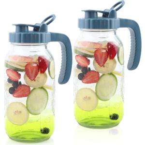 Mason Jar Pitcher 2 Quart With Pour Spout Lids 2 Pack 64 Oz Wide Mouth Water Pitcher Airtight And Leakproof Glass Carafe With Handle And Flip Cap For Milk, Iced Tea, Cold Brew Coffee, Juice