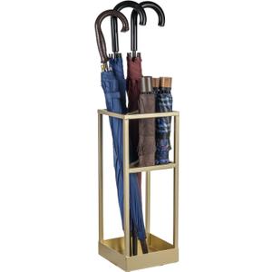 Umbrella Stand,Umbrella Holder for Entryway,20 Inch Tall Modern Brass Tone Metal Geometric Freestanding Entryway Umbrella Rack or Cane Holder with Shelf for Small Umbrellas and Bottom Drip Tray, 7.8