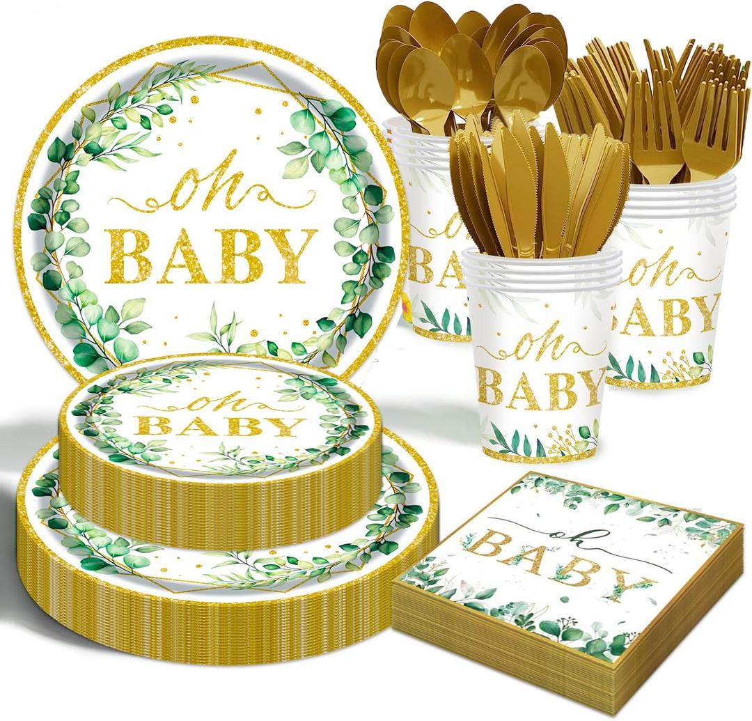 Sage Greenery Baby Shower Plates and Napkins Tableware Set - 175pcs Gender Neutral Baby Shower Decorations Oh Baby Party Supplies, Disposable Paper Plates Napkins for Baby Girl Boy Shower Decorations