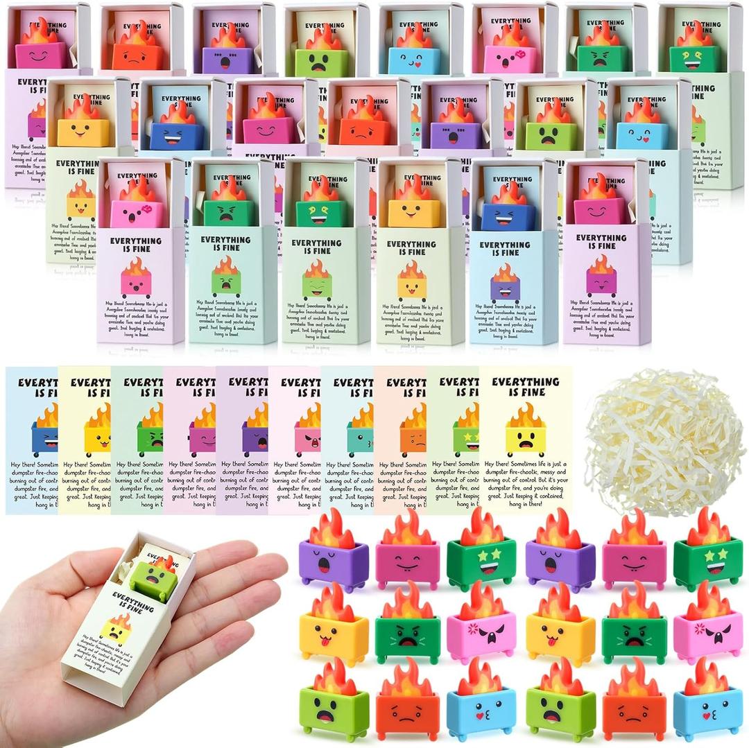 50 Sets Emotional Dumpster Support Gifts Bulk Resin Dumpster Fire with Box and Card Volunteer Appreciation Thank You Office Inspirational Back to School Gifts for Students Classroom Supply
