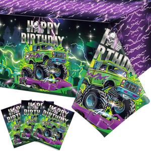 3 Pcs Monster Party Tablecloth Happy Birthday Truck Table Cloth 54 x 108 Inch Plastic Disposable Truck Theme Tablecover for Rectangle Round Desk Theme Birthday Party Supplies