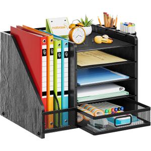 Marbrasse Desk Organizer with File Holder, 5-Tier Paper Letter Tray Organizer with Drawer and 2 Pen Holder, Mesh Desktop Organizer and Storage with Magazine Holder for Office Supplies (Wood-Black)