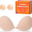 Sticky Push Up Strapless Bras for Women, Ultra Adhesive Bra for Backless Dress, Invisible Silicon Bra with Nipple Cover (Nude)