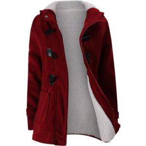 JiangWu Womens Fashion Horn Button Fleece Thicken Coat with Hood Winter Warm Jacket (Large, Wine-red)