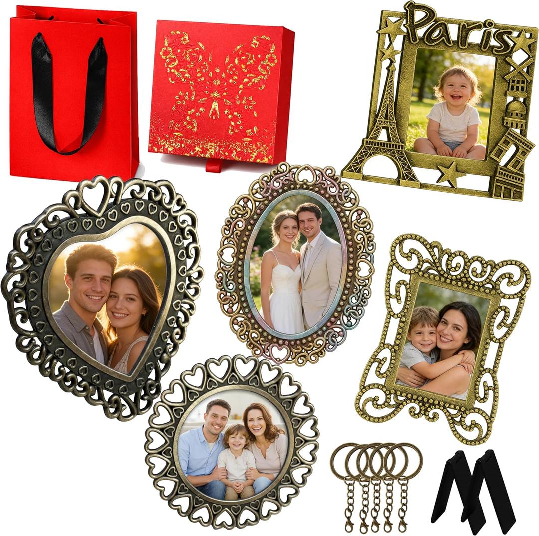 Mini Picture Frame Gift Set of 5  Vintage Metal Keepsake Frames for Anniversaries, Weddings & Meaningful Memory Gifts, Multi-Use Display (Tabletop, Magnet, Keychain) (Gift Box  Red)