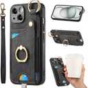 JanCalm for iPhone 15 Plus Case, Metal Ring Holder Stand, Card Slots Wallet, Wrist Strap, Magnetic Clasp, Leather Shockproof Protective Cover for iPhone 15 Plus (Black)