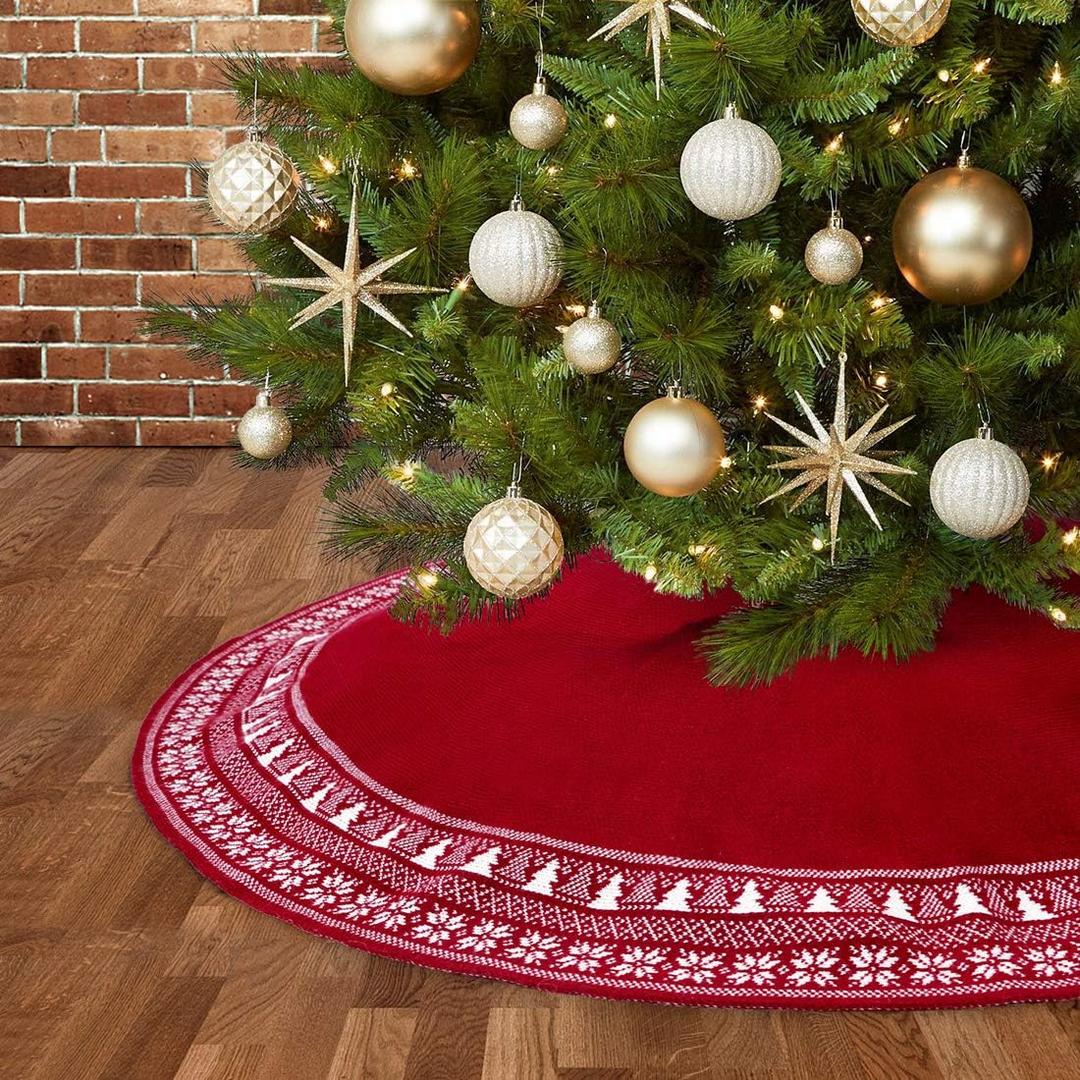 Dremisland Christmas Tree Skirt, Knitted Snowflake and Xmas Tree Pattern Thick Heavy Yarn Knit for A Warm Xmas Holiday Decoration (48inch/122cm, Red)