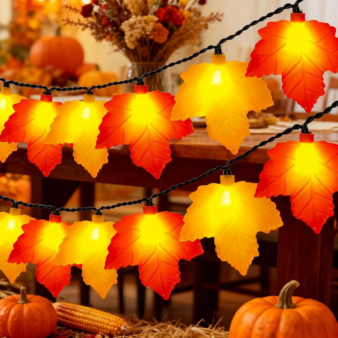 Abeja Fall Maple Leaf Lights, 8.5FT LED Leaf String Lights with 10 3D Orange Yellow Leaves, Indoor Outdoor Fall Lights for Bedroom Thanksgiving Party Garden Patio