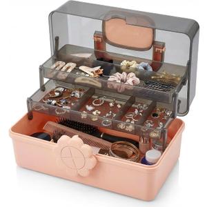 Pulseplay 3-Layer Plastic Storage Box with Handle Portable Folding Art Supply Organizer Multipurpose Case for Cosmetics,Jewelry,Sewing,Medicine,Nail,Hair Accessories