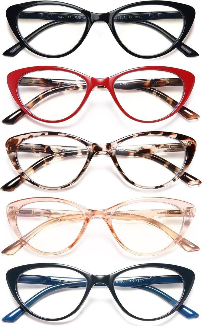 EYEURL 5-Pack Cat Eye Reading Glasses for Women- Men Blue Light Blocking Glasses Stylish Computer Readers for Women Anti Eyestrain & Glare with Spring Hinges,1.5