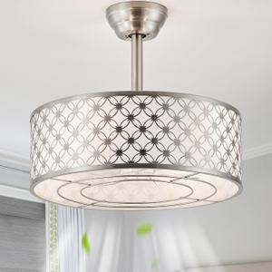 Silver Fandelier Ceiling Fan with Light, 20" Caged Silver Chandelier Ceiling Fans with Lights Remote Control, Fabric Mid-Century Modern with 6 Speeds for Bedroom, Nursery, Living Room.