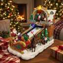 MOMENTS IN TIME Animated Santas Toy Shop Conveyor Belt Lighted Christmas Village Building with LED Lights, Music & Moving Sleigh Scene Plug-in Power Adapter Included