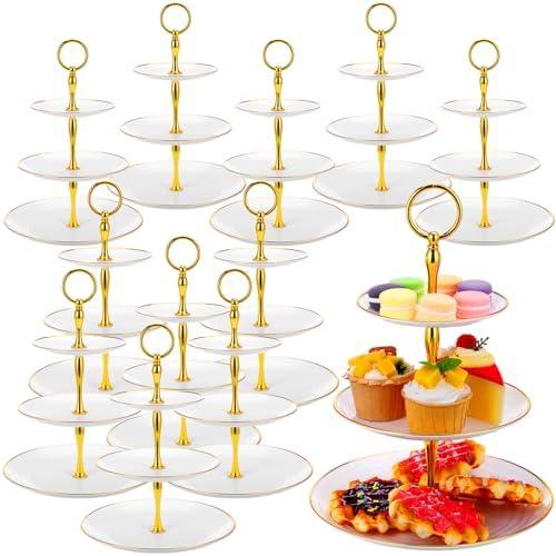 Teenyyou 12 Pack 3 Tier Cupcake Stand Bulk Tiered Dessert Stand Thick Plastic Serving Tray with Gold Edges Dessert Table Display Set Tea Cake Holder for Wedding Birthday Party (White)
