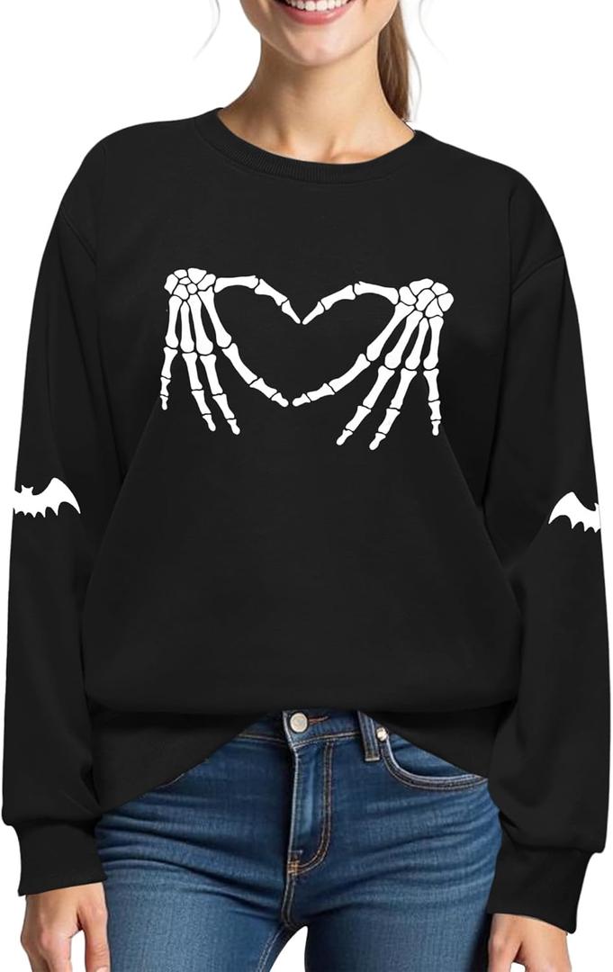 Halloween Sweatshirts for Women:Skull Graphic Crewneck Long Sleeve Tops Lightweight Pullover Sweatshirts (X-Large, Black)