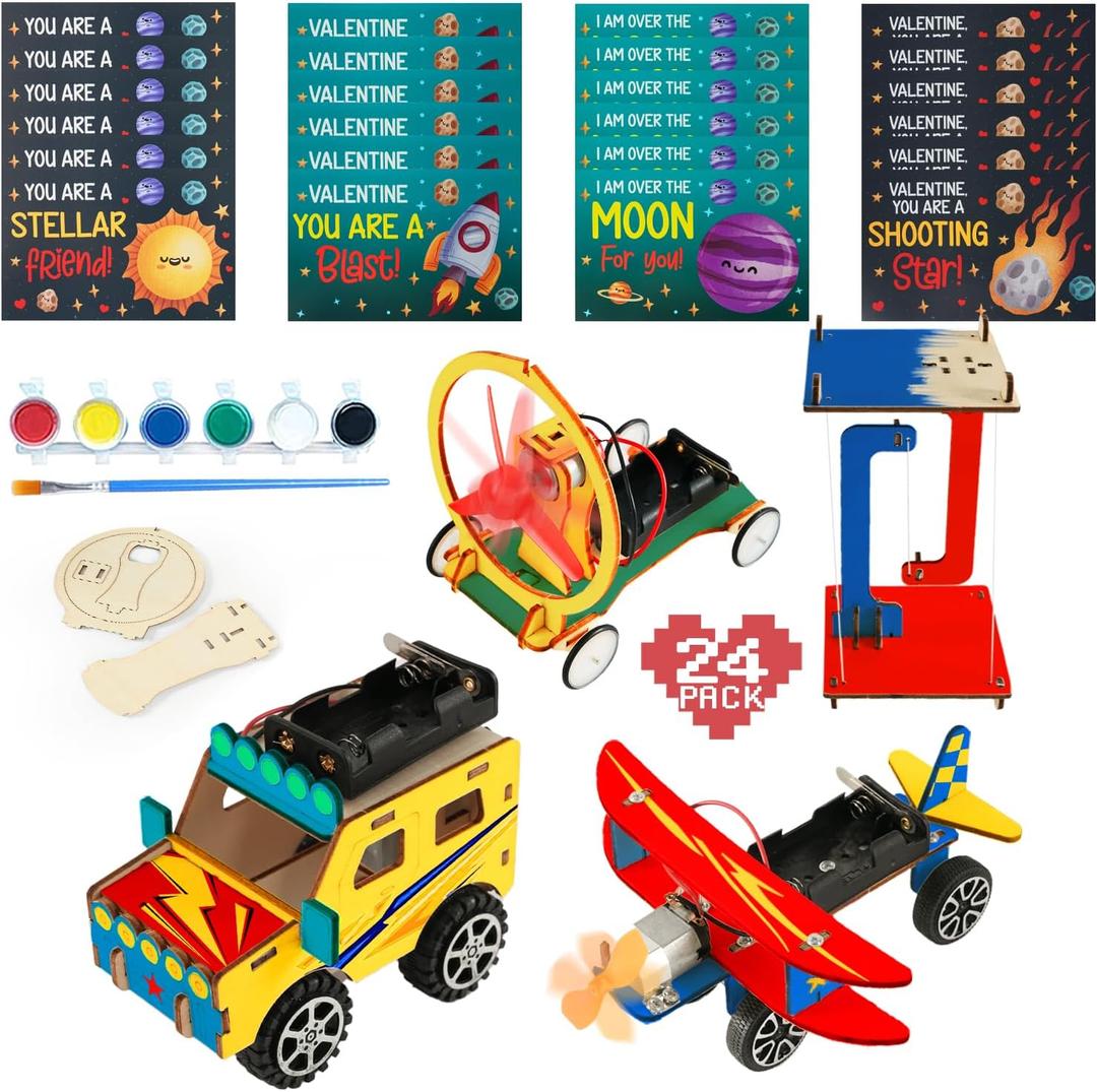 Valentines Day Gifts for Kids - 24 Pack DIY Science Craft Kits with Valentines Cards - STEM Projects Educational Toys for Boys Girls Age 6-12 Classroom Exchange School Activities Party Favors