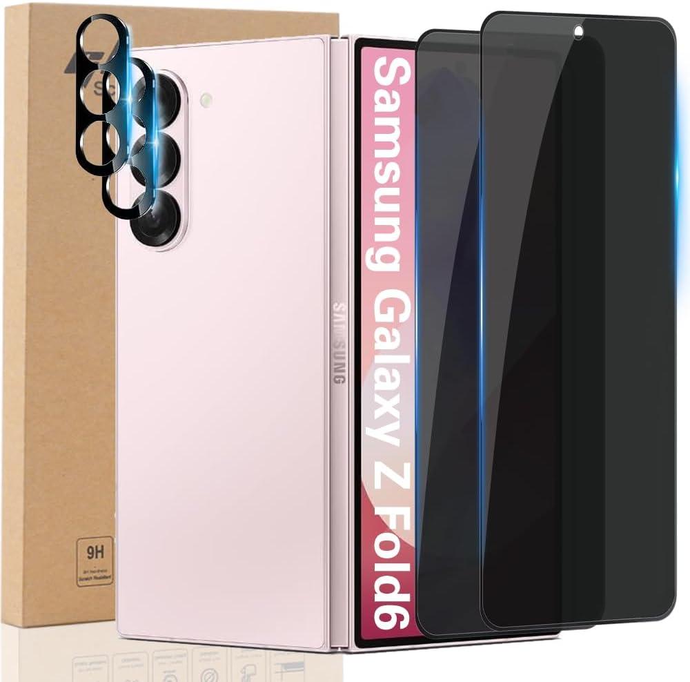 Privacy Screen Protector for Samsung Galaxy Z Fold 6, 2X Anti Spy Front/Back Tempered Glass Saver Film+ 2X Camera Lens Protector 28° Anti-Spy, Case Friendly, Anti Scratch Bubble Free Shields for Z Fold6