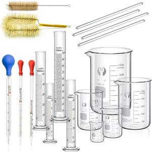 Lab Glassware Set - 5pcs Thick Glass Graduated Beakers, 4pcs Measuring Cylinders with 4 Stirring Rods, 2pcs Cleaning Brushes