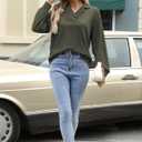 Women Waffle Knit Tops 2025 Fall Casual Long Sleeve Shirts V Neck Tunic Tops Sweaters (Green, XL)